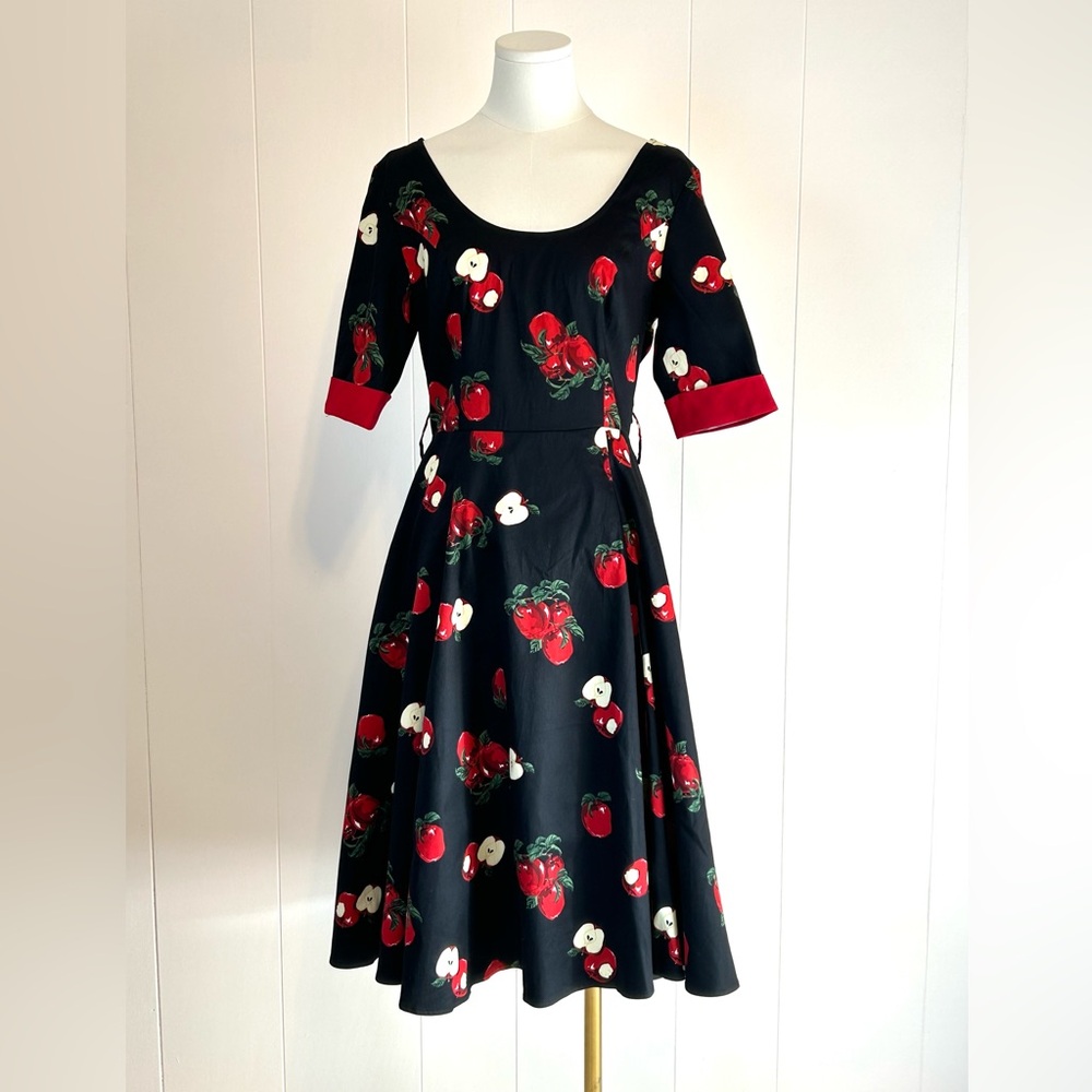 Collectif June Apple swing Black Dress with Red Apple Print - Women's size S